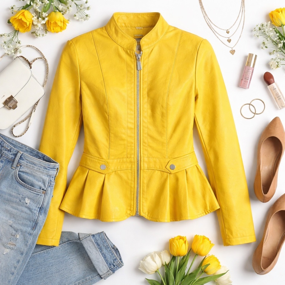 Baccini | Yellow Peplum Faux Leather Jacket | Moto Style | XL - Picture 2 of 6